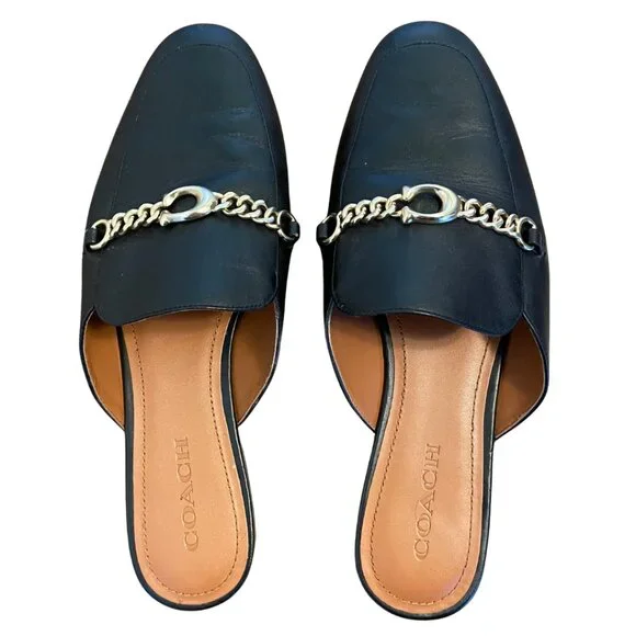 Coach Leather Chain Mules Slip-On Loafers Black Leather Size 9 - Picture 1 of 5